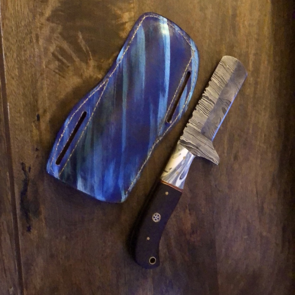 Beautiful Damascus Mini Cleaver/Chopper with Leather Sheath (Bullcutter)